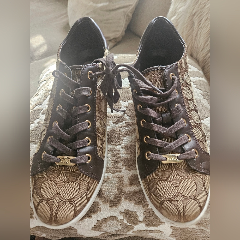 Coach Brown Canvas Monogram Lace-Up Sneakers - Designer Style